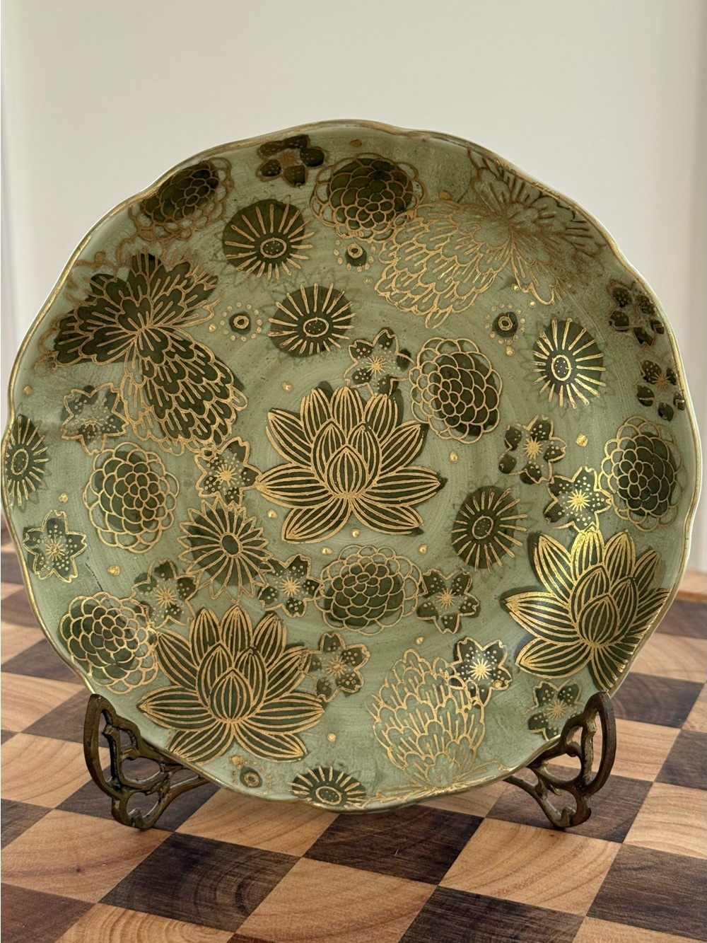 Vintage Japanese Hand Painted Porcelain Plate Green Lotus Floral